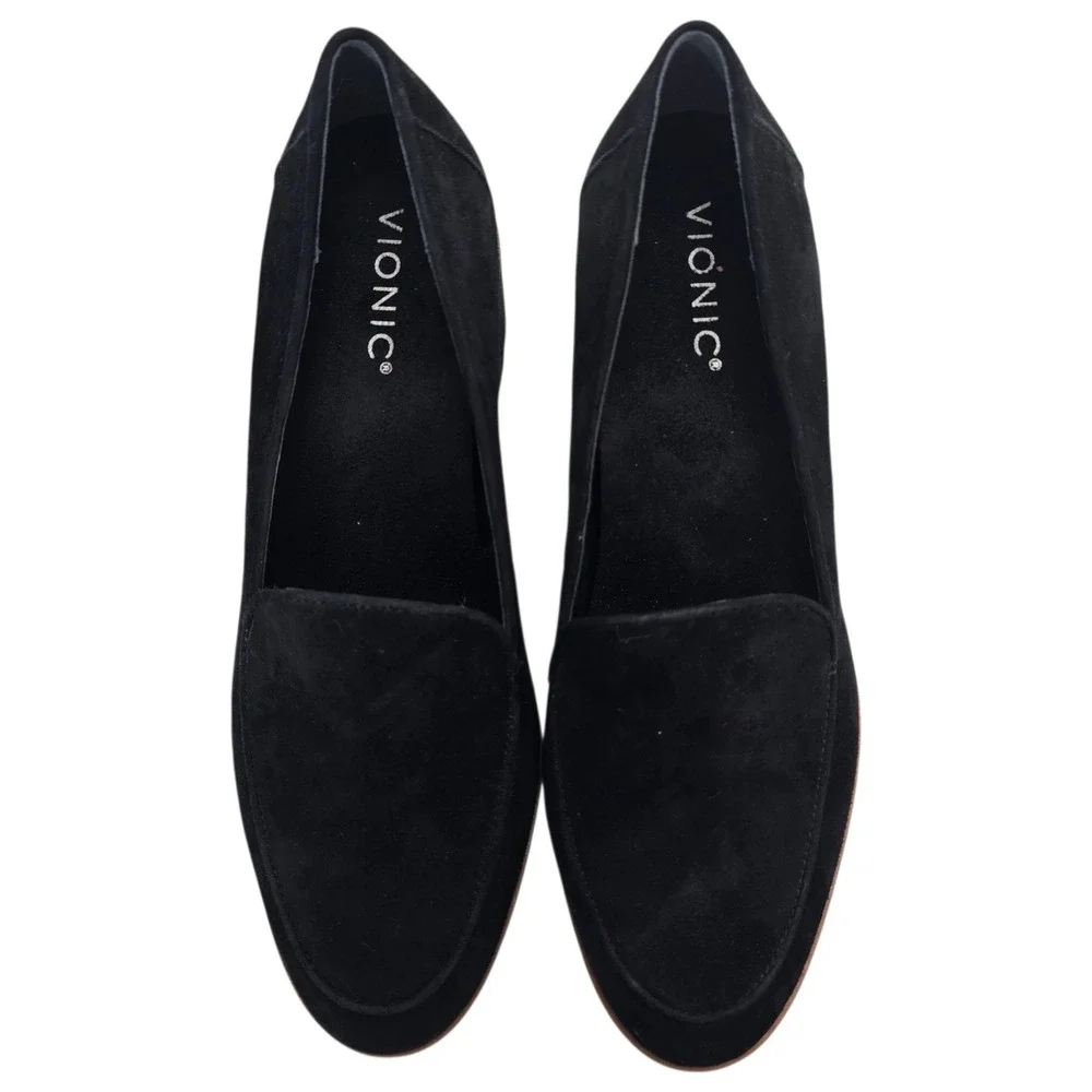 Vionic Ava Loafers Women 9.5 Black Suede Platform Wedge Lug Sole Comfort Classic